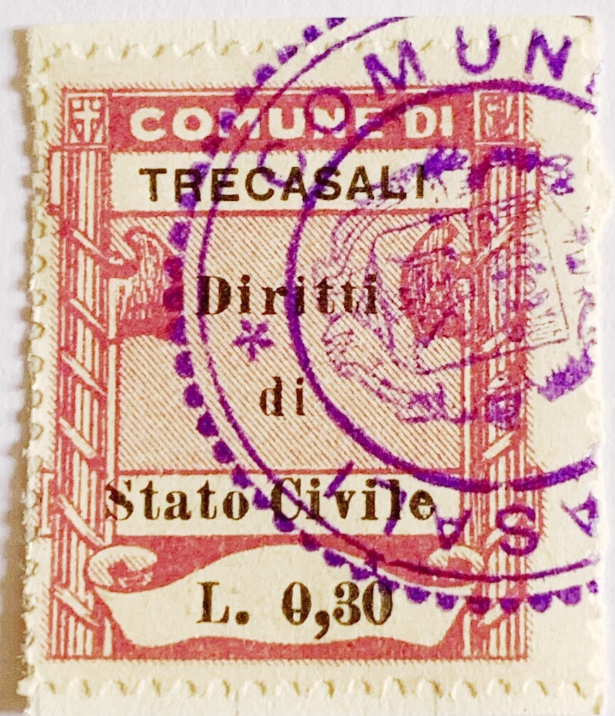 Marca da Bollo del Comune di TRECASALI su Carta Bianca Sottile di dimensioni 25,5 x 28,5 mm