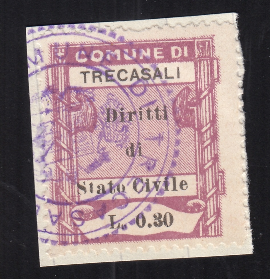 Marca da Bollo del Comune di TRECASALI su Carta Bianca Sottile di dimensioni 25,5 x 28,5 mm