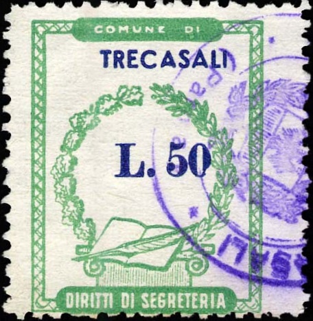 Marca da Bollo del Comune di TRECASALI su Carta Bianca di dimensioni 20,5 x 26,5 mm