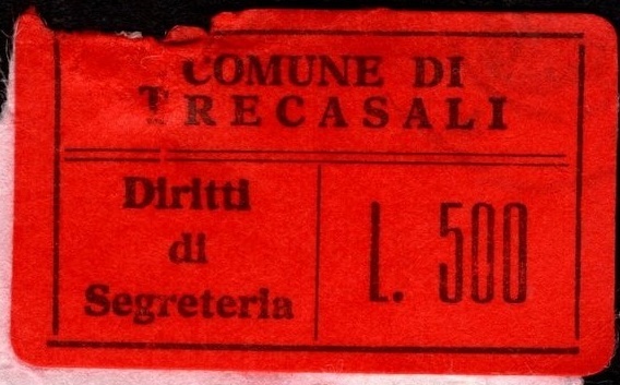 Marca da Bollo del Comune di TRECASALI su Carta Colorata di dimensioni 29 x 16,5 mm