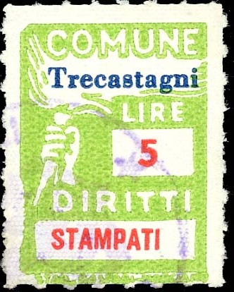 Marca da Bollo del Comune di TRECASTAGNI su Carta Bianca Sottile di dimensioni 18,5 x 26 mm
