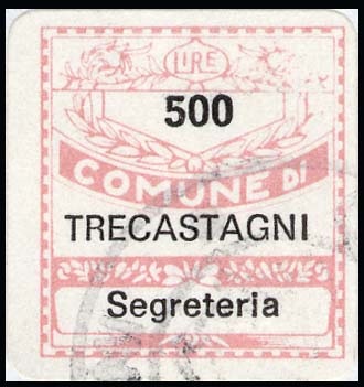Marca da Bollo del Comune di TRECASTAGNI su Carta Bianca di dimensioni 19 x 21 mm