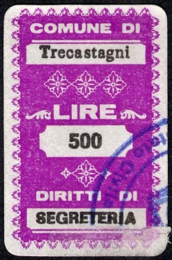 Marca da Bollo del Comune di TRECASTAGNI su Carta Bianca di dimensioni 20 x 32 mm