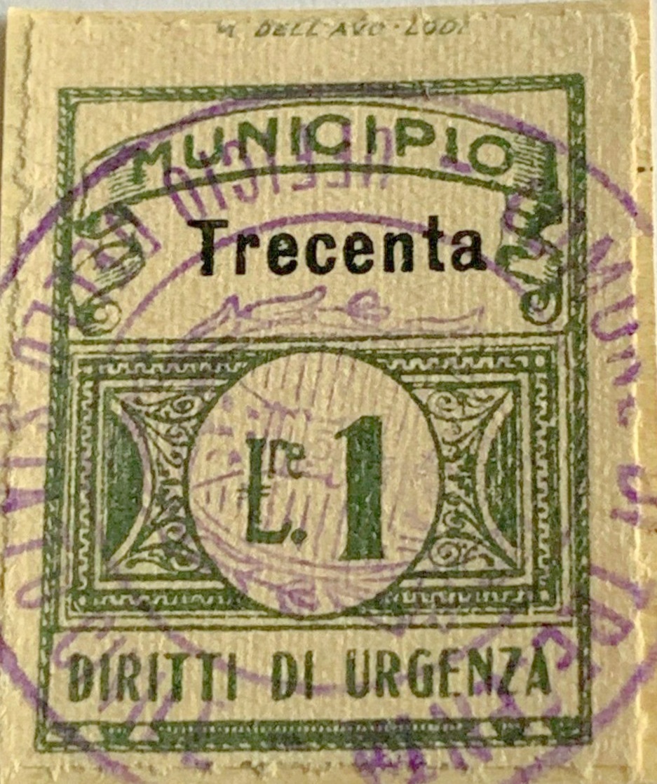 Marca da Bollo del Comune di TRECENTA su Carta Bianca di dimensioni 23 x 30,5 mm