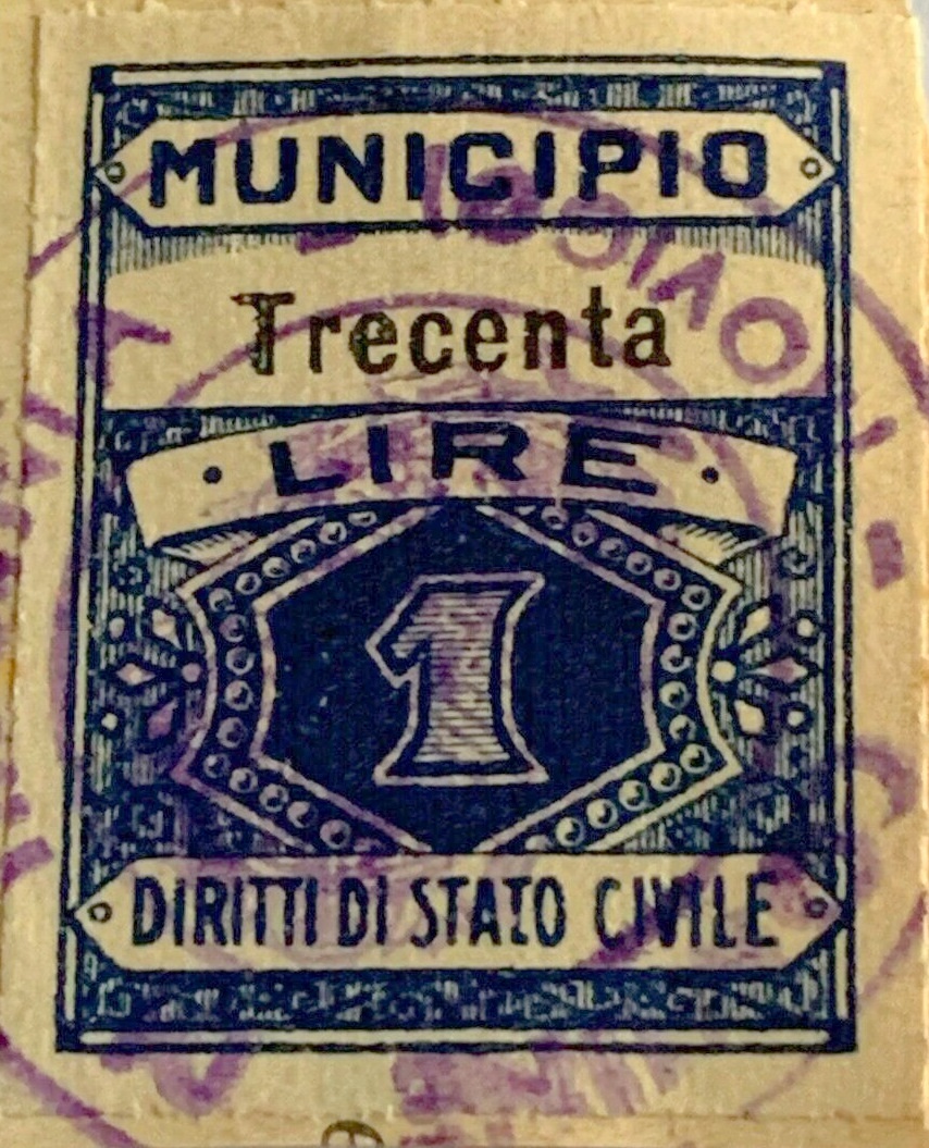 Marca da Bollo del Comune di TRECENTA su Carta Bianca di dimensioni 23 x 30,5 mm