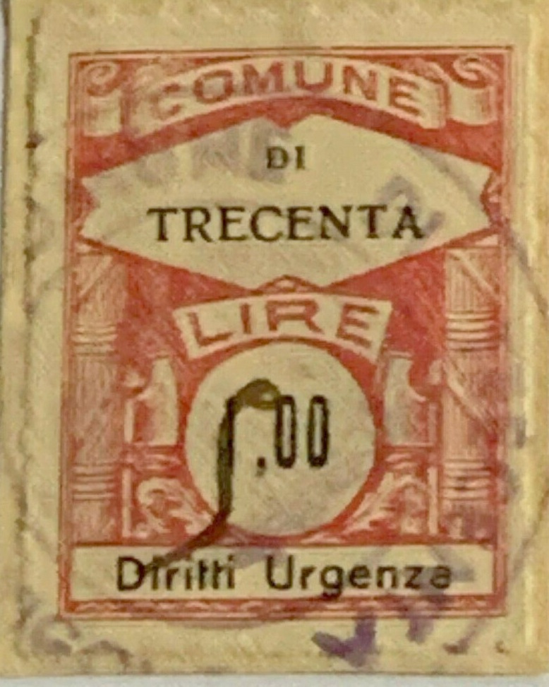 Marca da Bollo del Comune di TRECENTA su Carta Bianca di dimensioni 23 x 30,5 mm