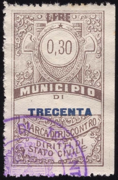 Marca da Bollo del Comune di TRECENTA su Carta Bianca di dimensioni 23 x 30,5 mm