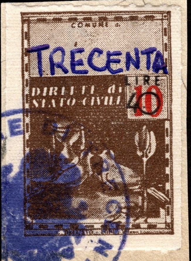 Marca da Bollo del Comune di TRECENTA su Carta Bianca di dimensioni 19,5 x 32 mm