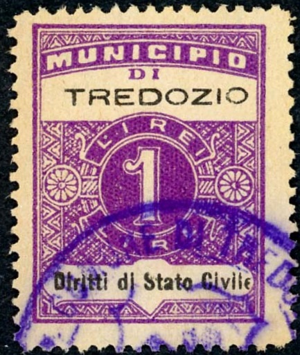Marca da Bollo del Comune di TREDOZIO su Carta Bianca Sottile di dimensioni 22,5 x 29 mm