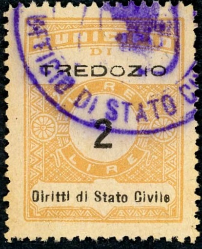 Marca da Bollo del Comune di TREDOZIO su Carta Bianca Sottile di dimensioni 22,5 x 29 mm