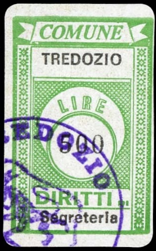 Marca da Bollo del Comune di TREDOZIO su Carta Bianca di dimensioni 19 x 30 mm