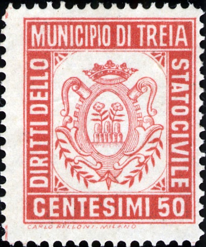 Marca da Bollo del Comune di TREIA su Carta Bianca Sottile di dimensioni 23 x 27,5 mm