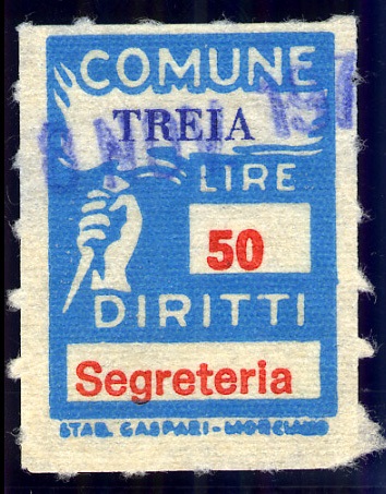Marca da Bollo del Comune di TREIA su Carta Bianca Sottile di dimensioni 18,5 x 26 mm