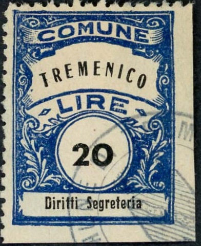 Marca da Bollo del Comune di TREMENICO su Carta Bianca di dimensioni 22,5 x 29 mm