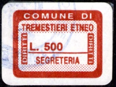 Marca da Bollo del Comune di TREMESTIERI ETNEO su Carta Bianca di dimensioni 19 x 14,5 mm
