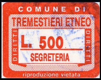Marca da Bollo del Comune di TREMESTIERI ETNEO su Carta Bianca di dimensioni 19 x 14 mm
