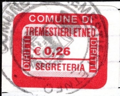Marca da Bollo del Comune di TREMESTIERI ETNEO su Carta Bianca di dimensioni 19 x 14 mm