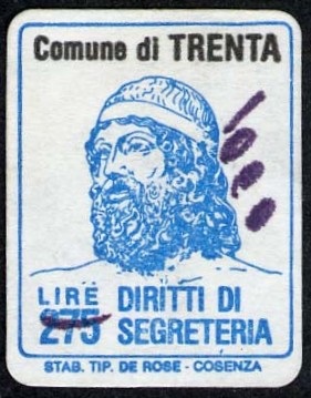 Marca da Bollo del Comune di TRENTA su Carta Bianca di dimensioni 16 x 21 mm