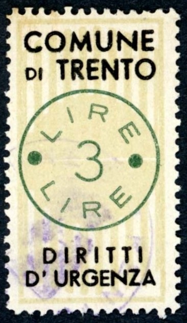 Marca da Bollo del Comune di TRENTO su Carta Bianca di dimensioni 19 x 37 mm