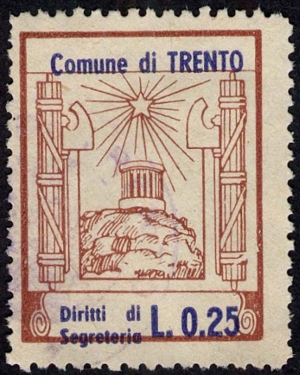 Marca da Bollo del Comune di TRENTO su Carta Bianca di dimensioni 23,5 X 30,5 mm