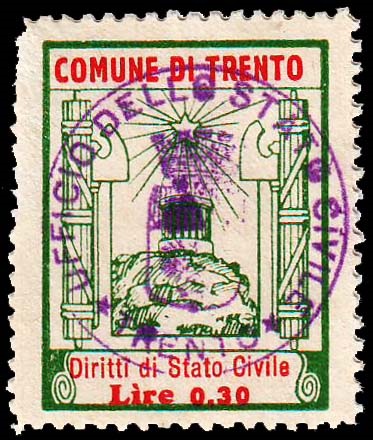 Marca da Bollo del Comune di TRENTO su Carta Bianca di dimensioni 24 x 31 mm