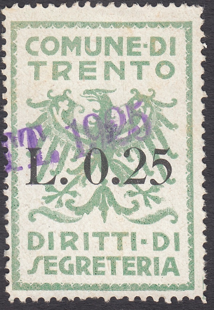 Marca da Bollo del Comune di TRENTO su Carta Bianca di dimensioni 26 x 38,5 mm