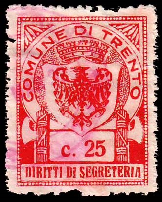 Marca da Bollo del Comune di TRENTO su Carta Bianca di dimensioni 22 x 29 mm