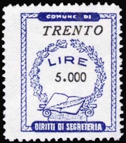 Marca da Bollo del Comune di TRENTO su Carta Bianca di dimensioni 23 x 29 mm