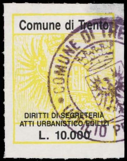 Marca da Bollo del Comune di TRENTO su Carta Bianca Sottile di dimensioni 23,5 x 30 mm