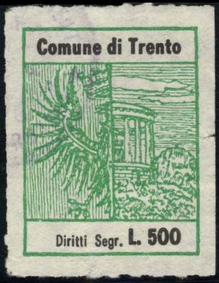 Marca da Bollo del Comune di TRENTO su Carta Bianca Sottile di dimensioni 23,5 x 30 mm