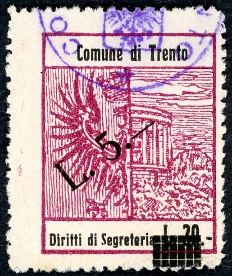 Marca da Bollo del Comune di TRENTO su Carta Bianca Sottile di dimensioni 23,5 x 30 mm