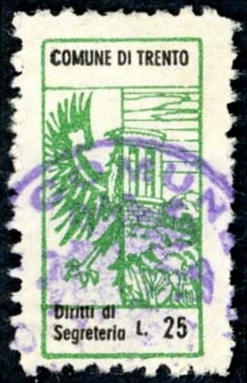 Marca da Bollo del Comune di TRENTO su Carta Bianca di dimensioni 12 x 24 mm