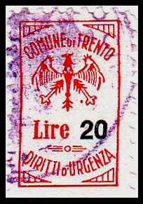 Marca da Bollo del Comune di TRENTO su Carta Bianca Sottile di dimensioni 12 x 20,5 mm