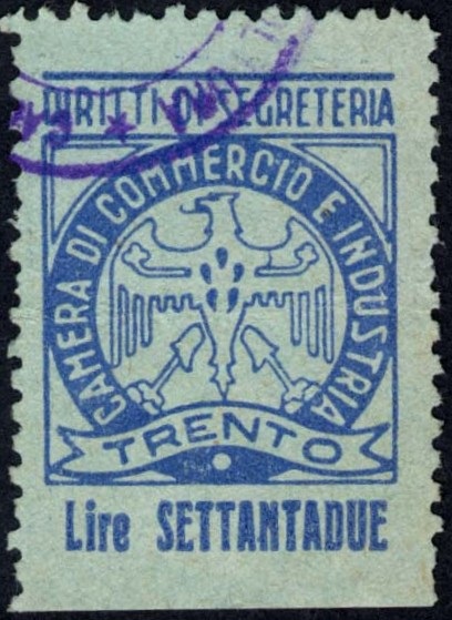 Marca da Bollo del Comune di TRENTO su Carta Azzurra di dimensioni 22 x 28 mm