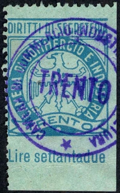 Marca da Bollo del Comune di TRENTO su Carta Azzurra di dimensioni 22 x 28 mm