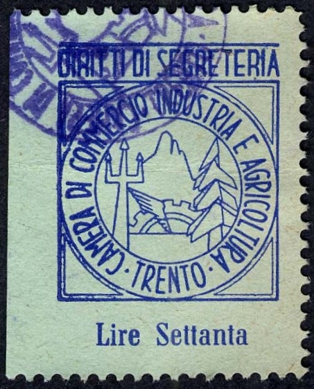 Marca da Bollo del Comune di TRENTO su Carta Colorata di dimensioni 21,5 x 29 mm