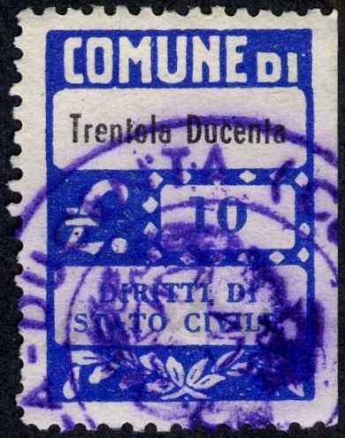 Marca da Bollo del Comune di TRENTOLA DUCENTA su Carta Bianca di dimensioni 20 x 28 mm