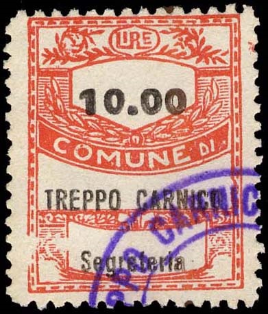 Marca da Bollo del Comune di TREPPO CARNICO su Carta Bianca di dimensioni 22 x 28 mm