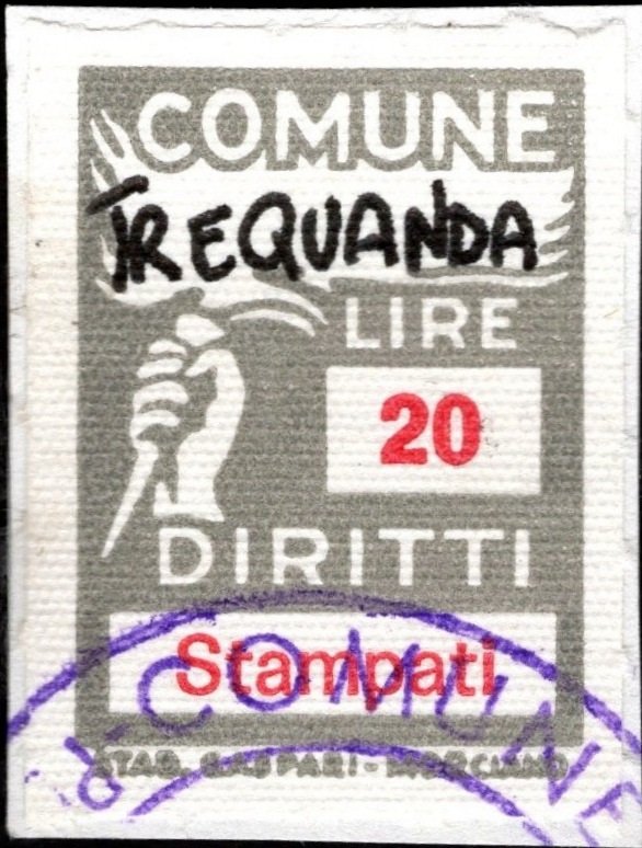 Marca da Bollo del Comune di TREQUANDA su Carta Bianca di dimensioni 18 X 25,5 mm