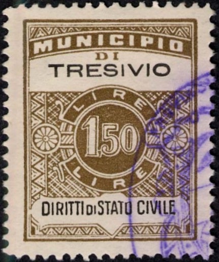 Marca da Bollo del Comune di TRESIVIO su Carta Bianca di dimensioni 22,5 x 29 mm
