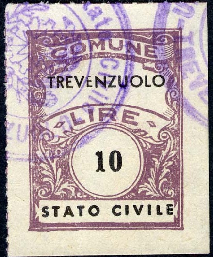 Marca da Bollo del Comune di TREVENZUOLO su Carta Bianca Sottile di dimensioni 22,5 x 29,5 mm