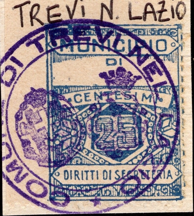 Marca da Bollo del Comune di TREVI NEL LAZIO su Carta Bianca di dimensioni 23 X 30 mm