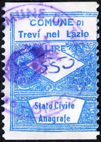 Marca da Bollo del Comune di TREVI NEL LAZIO su Carta Bianca di dimensioni 21 x 28,5 mm