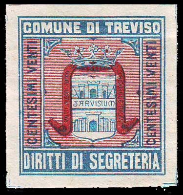 Marca da Bollo del Comune di TREVISO su Carta Bianca Sottile di dimensioni 25,5 x 27,5 mm