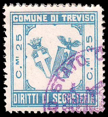 Marca da Bollo del Comune di TREVISO su Carta Bianca Sottile di dimensioni 25,5 x 27 mm