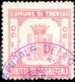 Marca da Bollo del Comune di TREVISO su Carta Bianca Sottile di dimensioni 25,5 x 27 mm