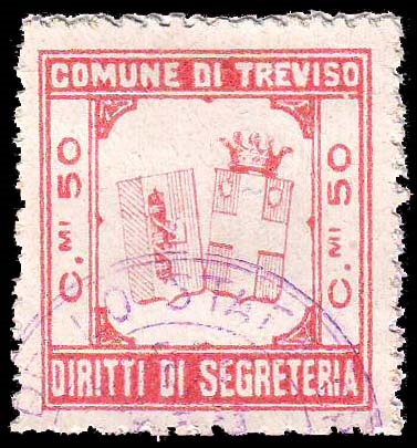 Marca da Bollo del Comune di TREVISO su Carta Bianca di dimensioni 25,5 x 27 mm