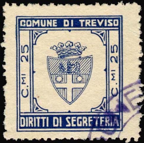 Marca da Bollo del Comune di TREVISO su Carta Bianca di dimensioni 25,5 x 27 mm