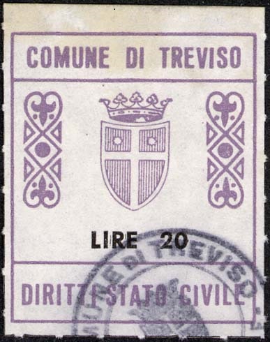 Marca da Bollo del Comune di TREVISO su di dimensioni 25 x 28 mm