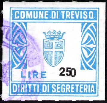 Marca da Bollo del Comune di TREVISO su Carta Bianca di dimensioni 21 x 20,5 mm